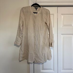 Eileen Fisher Painterly Stripe Silk Crepe Bone Long Shirt Roundneck Size XXS,NWT